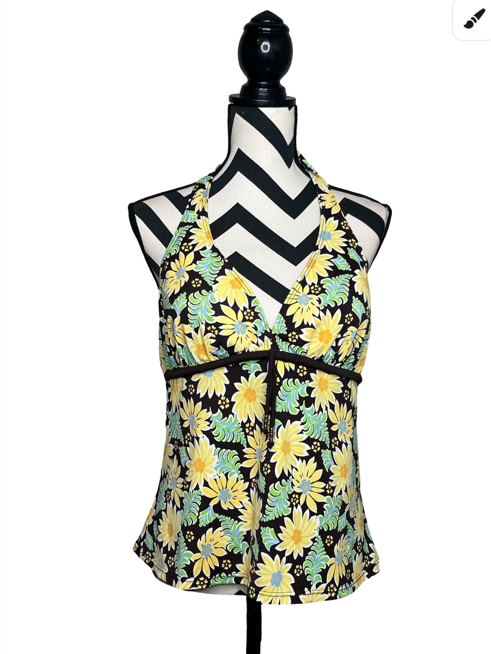 Y2K Fairy Grunge Floral Halter Neck Brown Babydoll Tankini Tank Top Sz 16